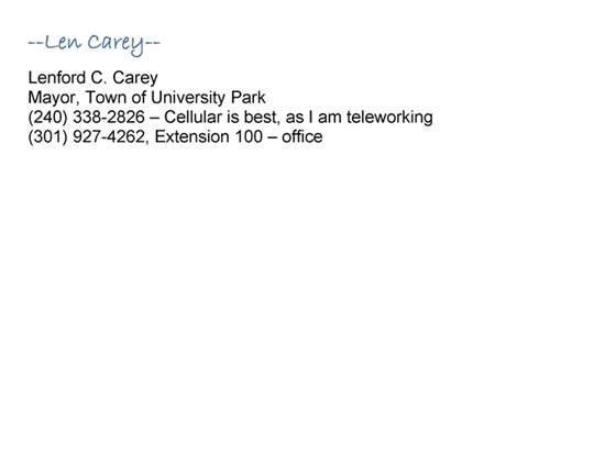 Mayor Carey's Signature with contact info