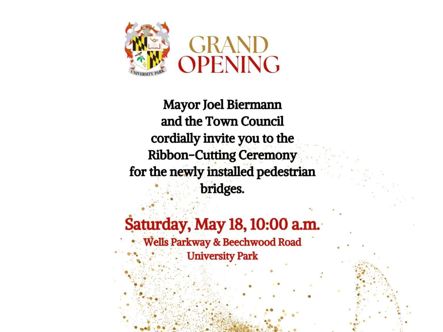 white flyer with gold glitter and red and black lettering