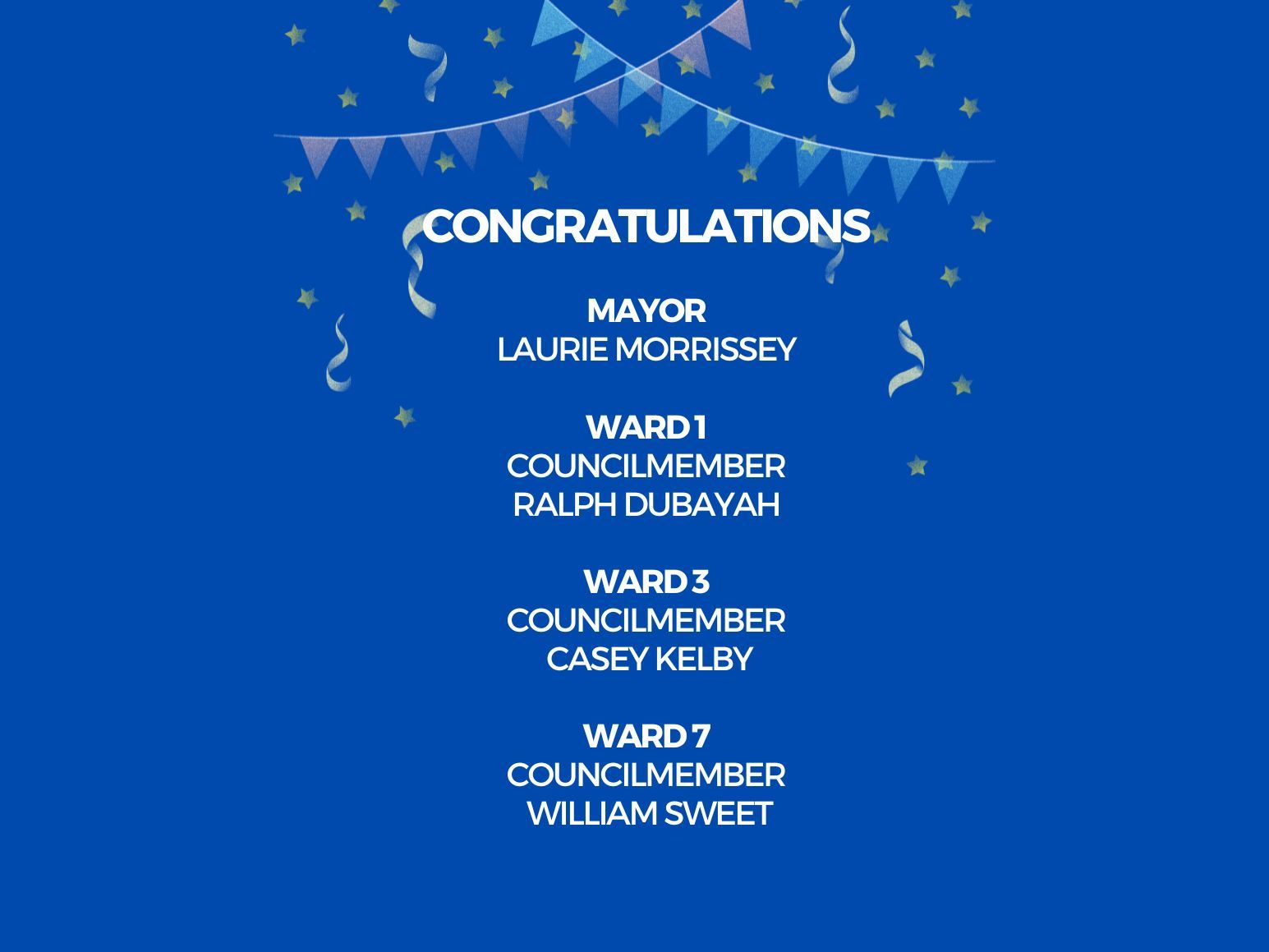 Election results on a blue background with names in white and a banner and confetti